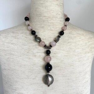 Sterling Silver 925 Rose Quartz Black Onyx Beaded Y Necklace 18.5" 81g Stone